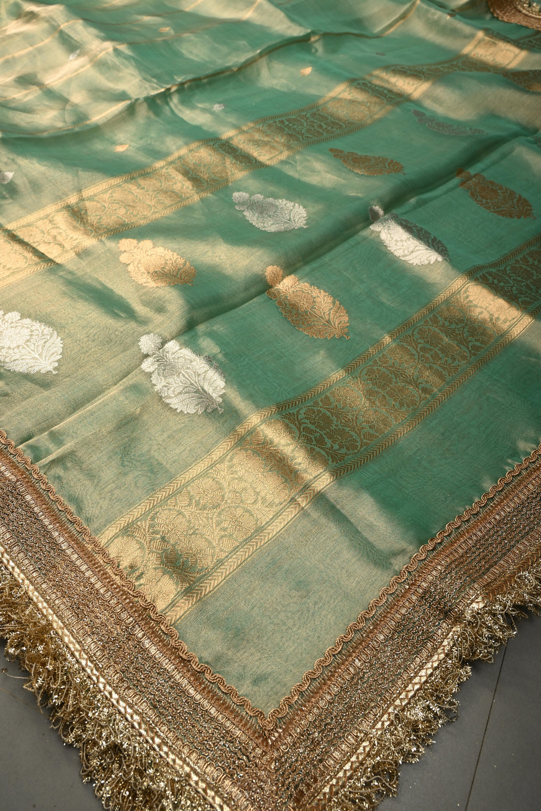 Sea Green Zari Striped On Organza Tissue Silk Saree with Sona Rupa Buttas and Fancy Lace Border | SILK MARK CERTIFIED | SHOBITAM