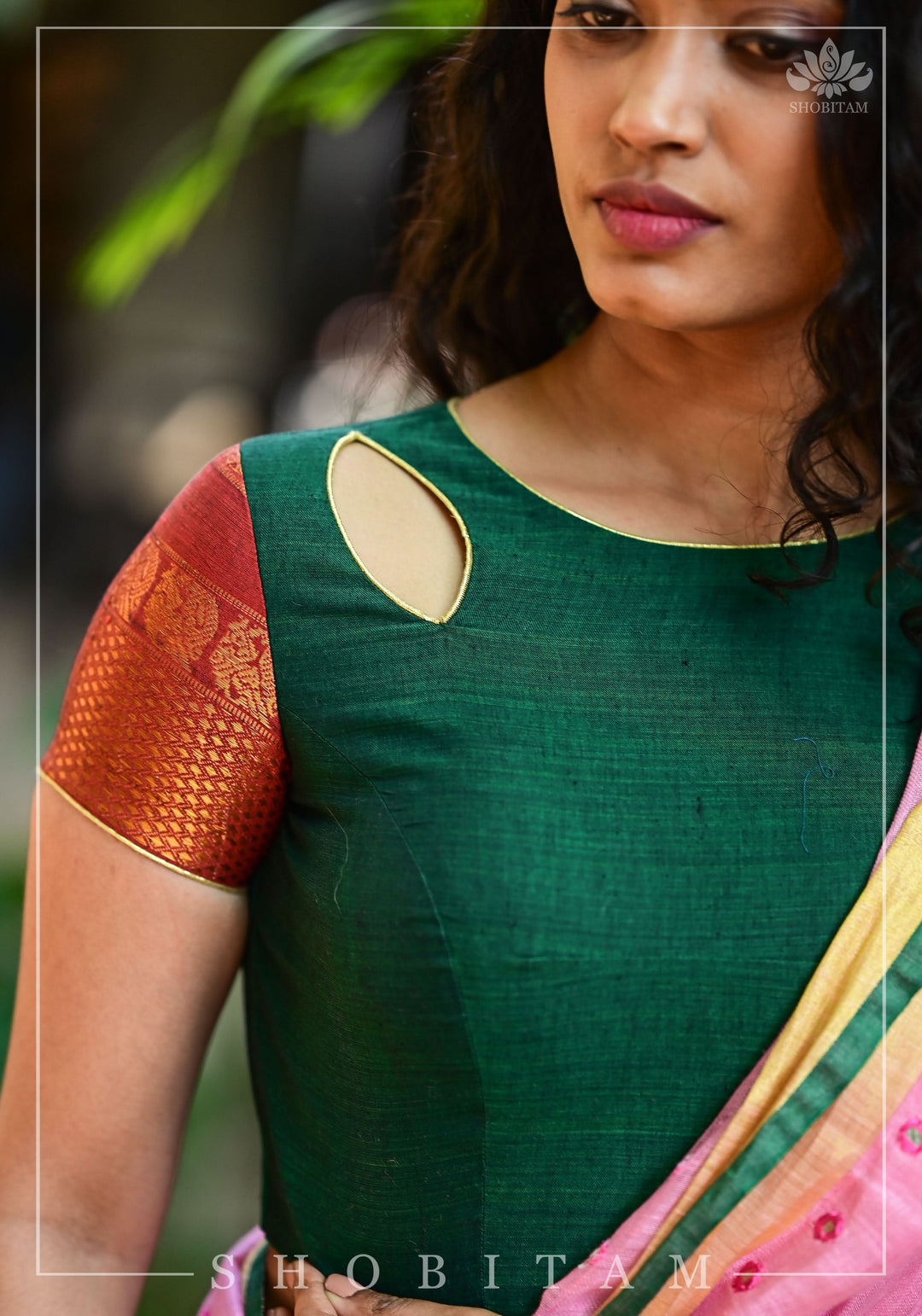 Forest green narayanpet cotton close neck cutout blouse with tie back