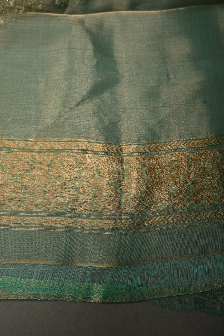 Sea Green Zari Striped On Organza Tissue Silk Saree with Sona Rupa Buttas and Fancy Lace Border | SILK MARK CERTIFIED | SHOBITAM