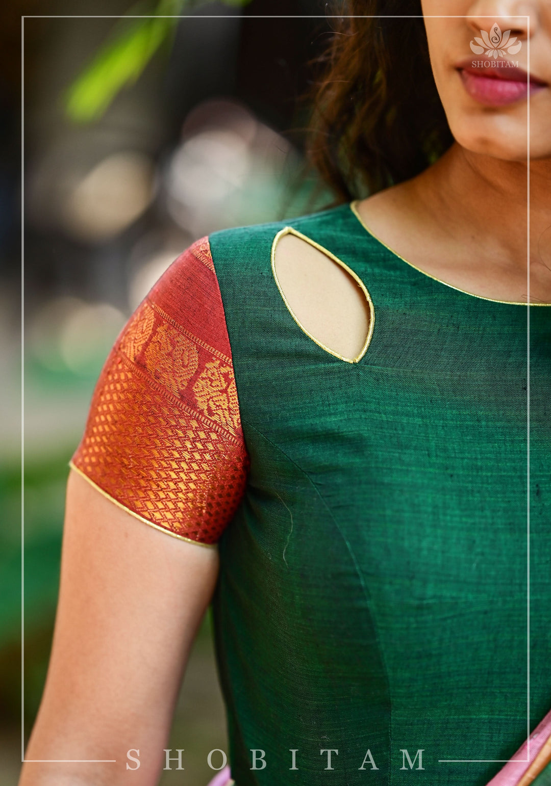 Forest green narayanpet cotton close neck cutout blouse with tie back
