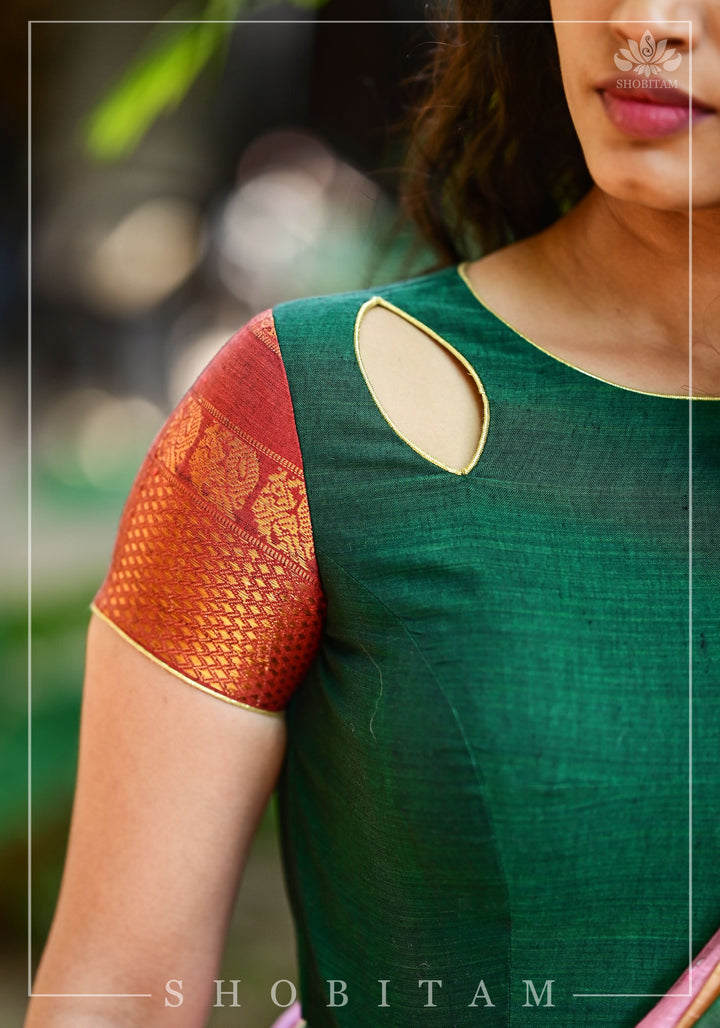 Forest green narayanpet cotton close neck cutout blouse with tie back