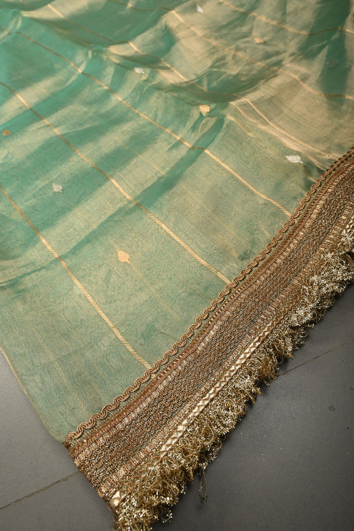 Sea Green Zari Striped On Organza Tissue Silk Saree with Sona Rupa Buttas and Fancy Lace Border | SILK MARK CERTIFIED | SHOBITAM