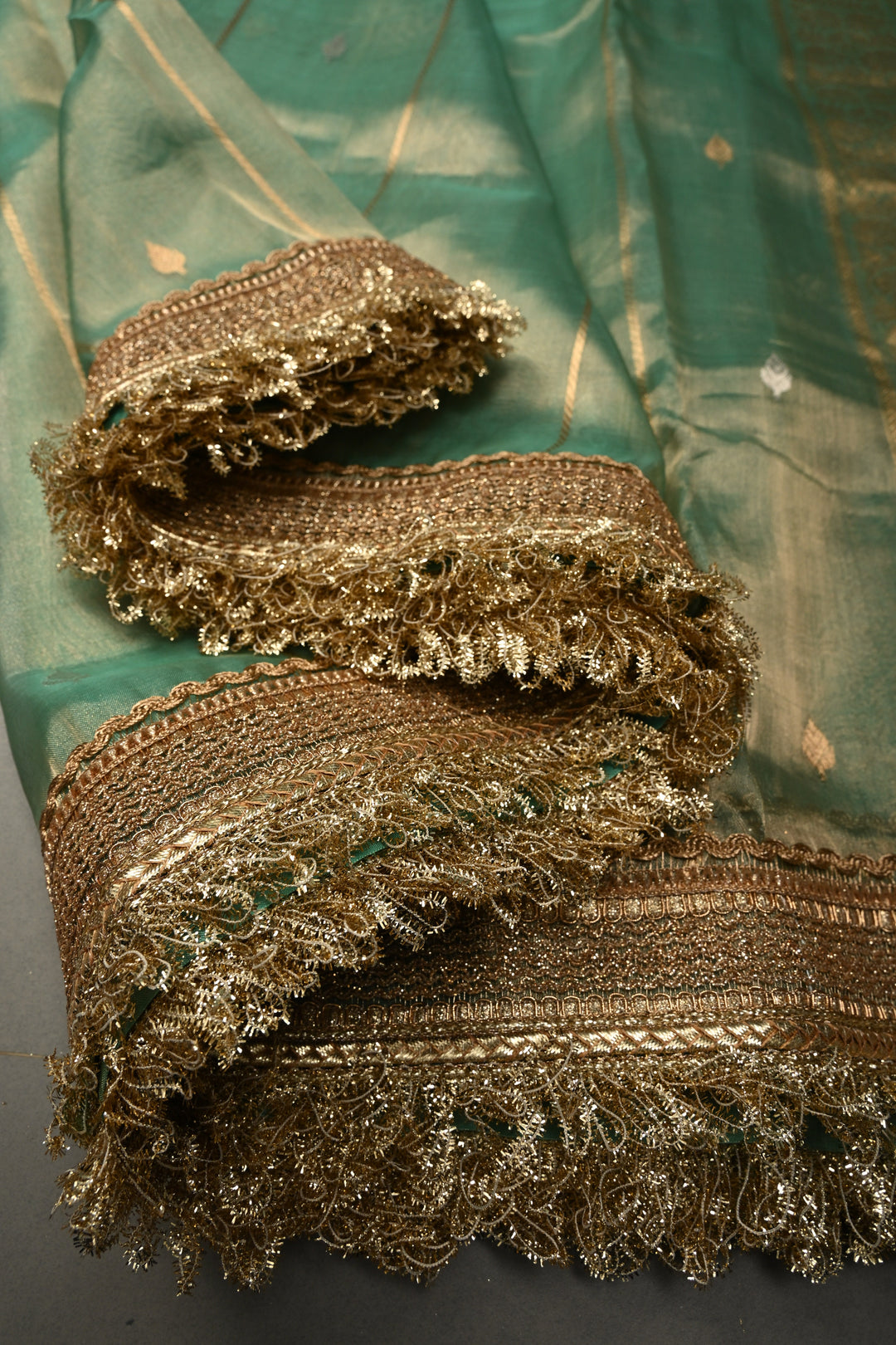 Sea Green Zari Striped On Organza Tissue Silk Saree with Sona Rupa Buttas and Fancy Lace Border | SILK MARK CERTIFIED | SHOBITAM