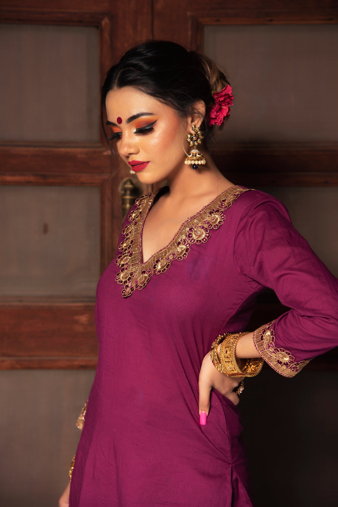 PLUM COTTON STRAIGHT KURTA SET | SHOBITAM