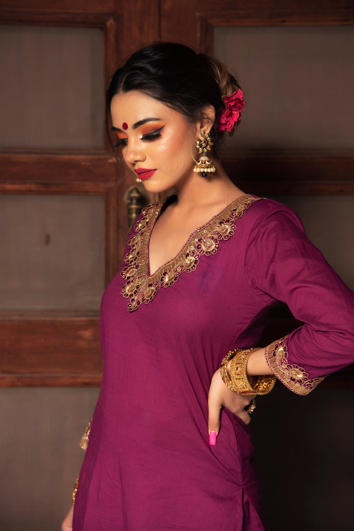 PLUM COTTON STRAIGHT KURTA SET | SHOBITAM