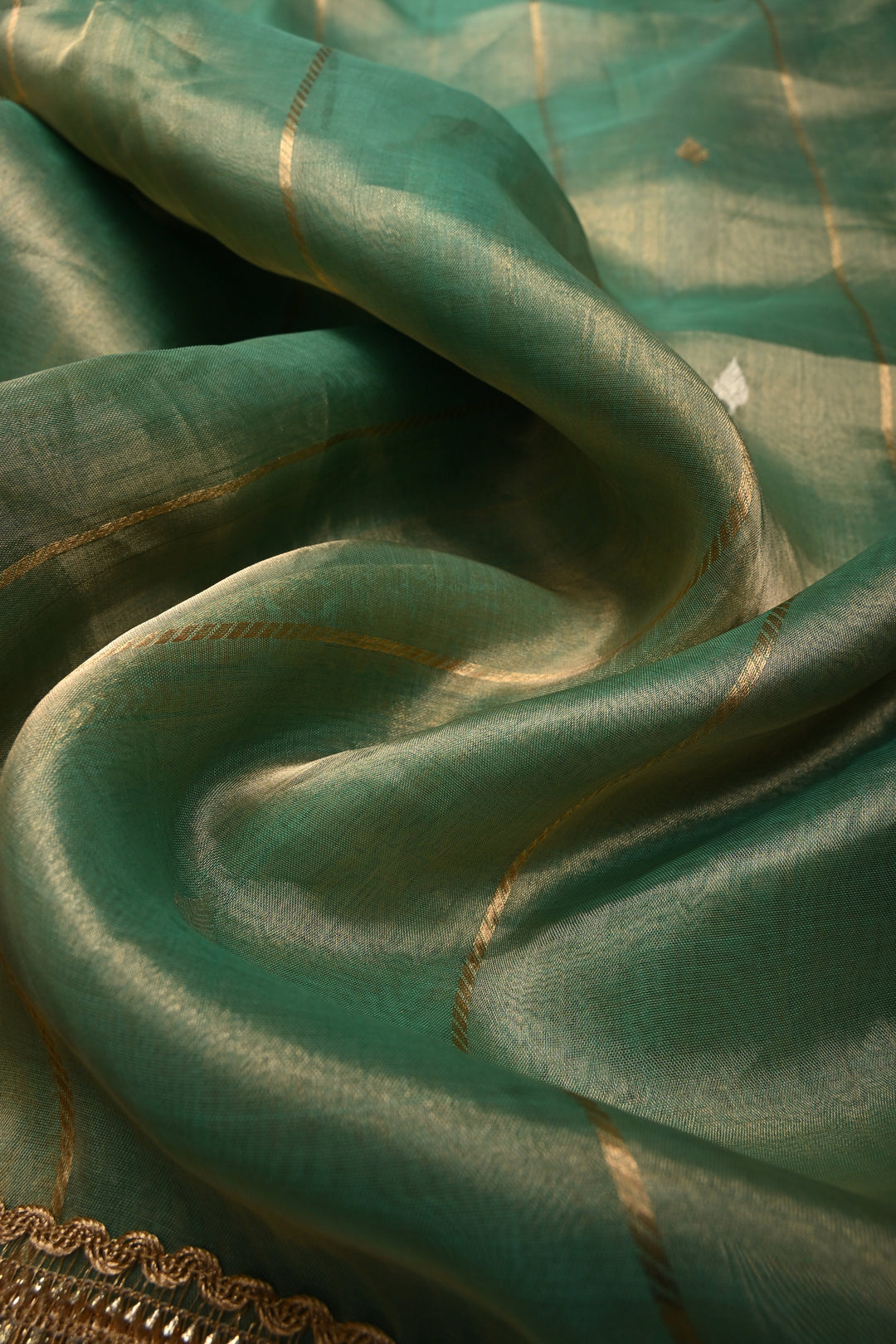 Sea Green Zari Striped On Organza Tissue Silk Saree with Sona Rupa Buttas and Fancy Lace Border | SILK MARK CERTIFIED | SHOBITAM