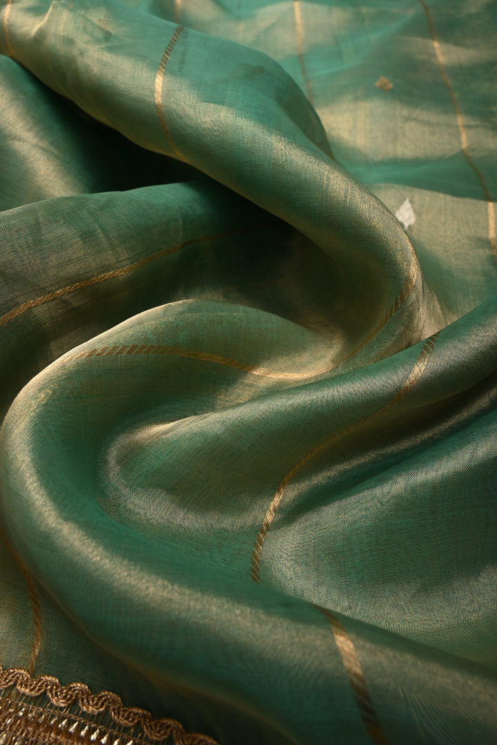Sea Green Zari Striped On Organza Tissue Silk Saree with Sona Rupa Buttas and Fancy Lace Border | SILK MARK CERTIFIED | SHOBITAM