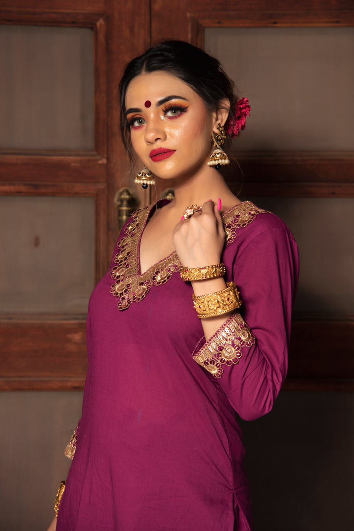 PLUM COTTON STRAIGHT KURTA SET | SHOBITAM