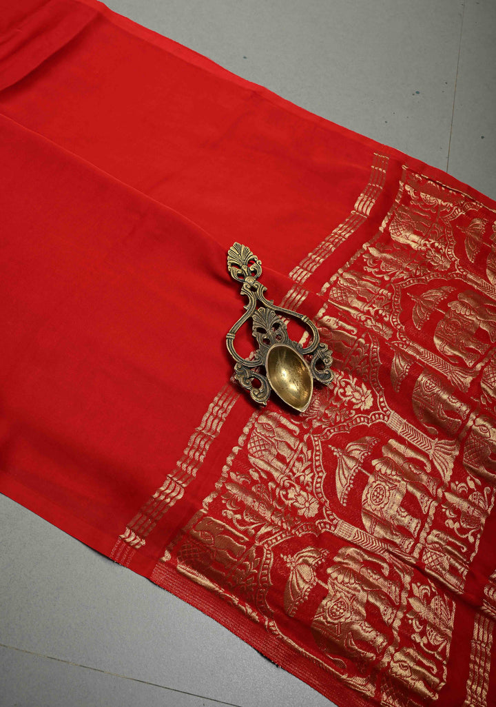 Blood Red Borderless Modal Silk Saree with Shikaargah Zari Pallu | SHOBITAM