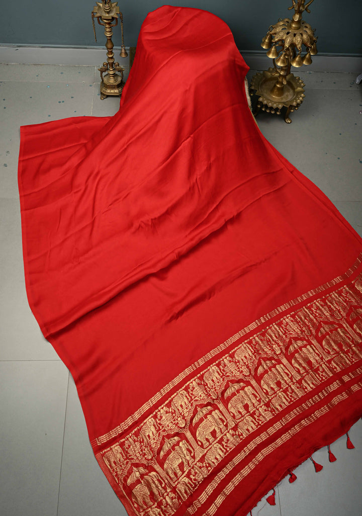 Blood Red Borderless Modal Silk Saree with Shikaargah Zari Pallu | SHOBITAM