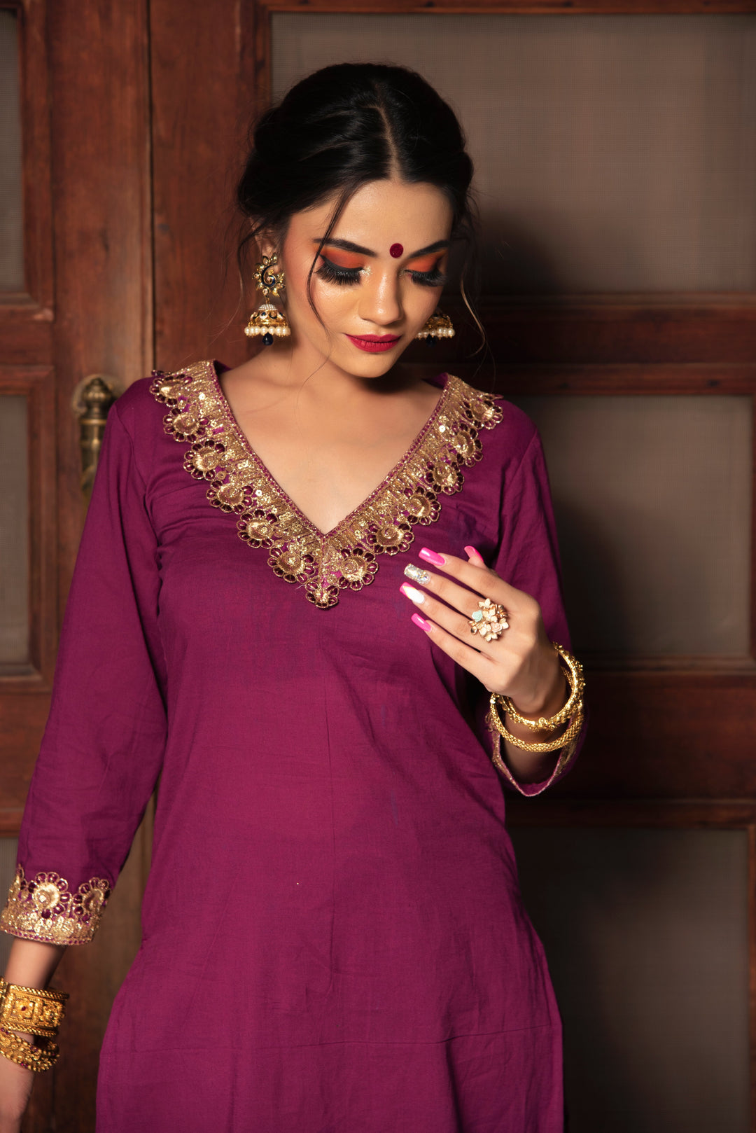 PLUM COTTON STRAIGHT KURTA SET | SHOBITAM
