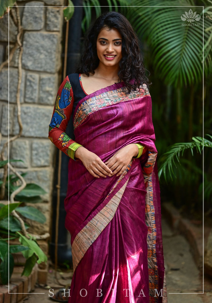 Preorder : Plum Madhubani Oure  Tussar Silk Saree | SILK MARK CERTIFIED