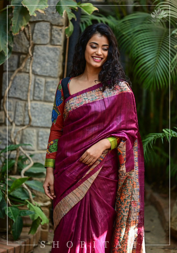 Preorder : Plum Madhubani Oure  Tussar Silk Saree | SILK MARK CERTIFIED