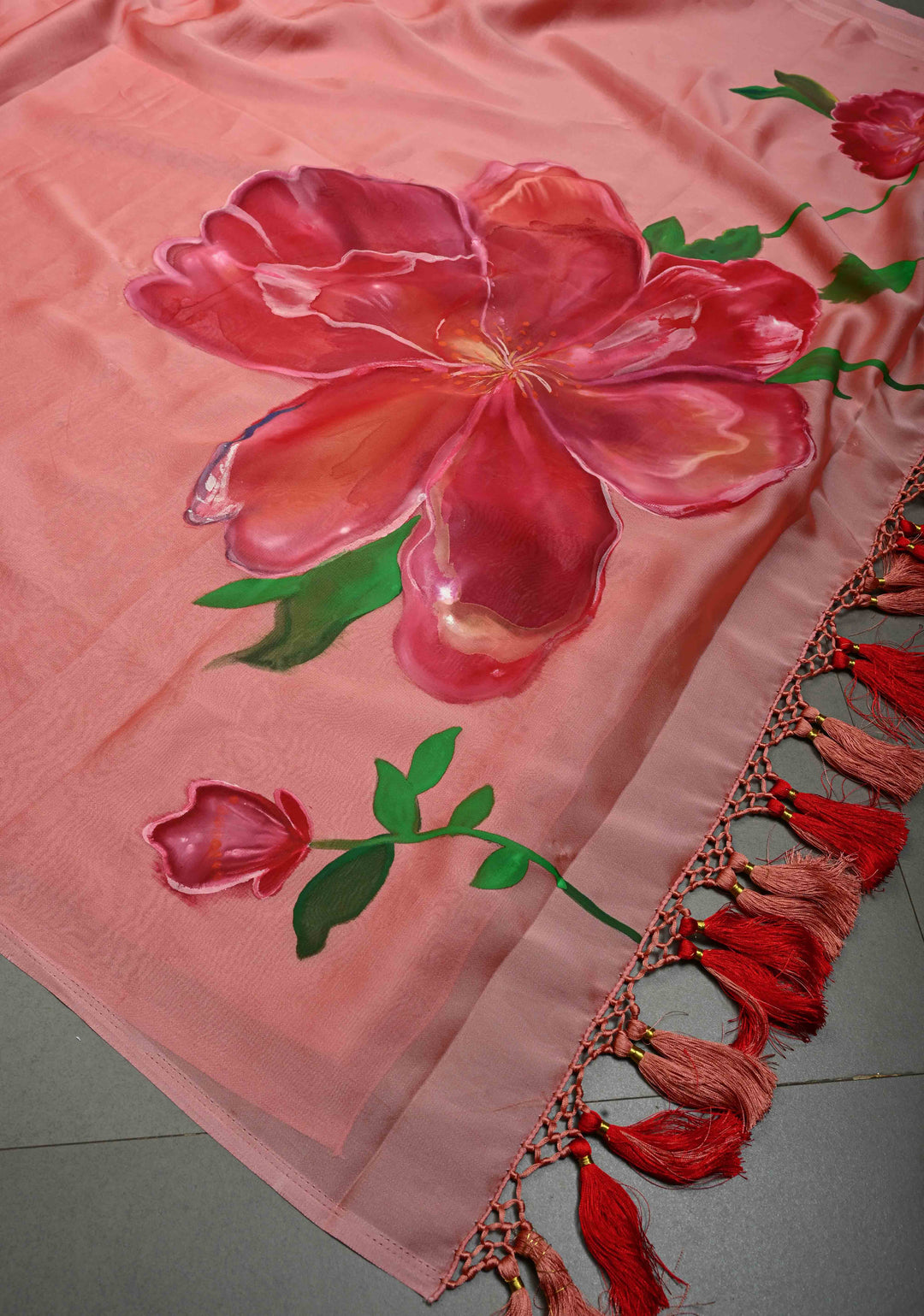 Peach Shimmer Georgette Saree with Floral Blooming  Handpainted on Pallu, No Blouse Piece | SHOBITAM