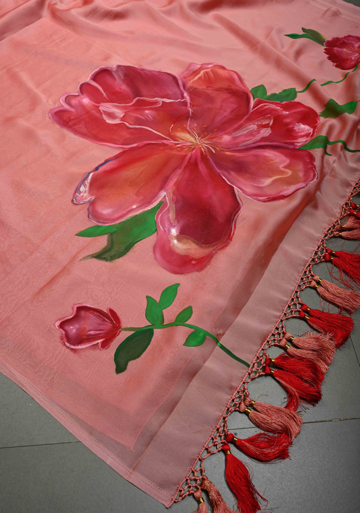 Peach Shimmer Georgette Saree with Floral Blooming  Handpainted on Pallu, No Blouse Piece | SHOBITAM