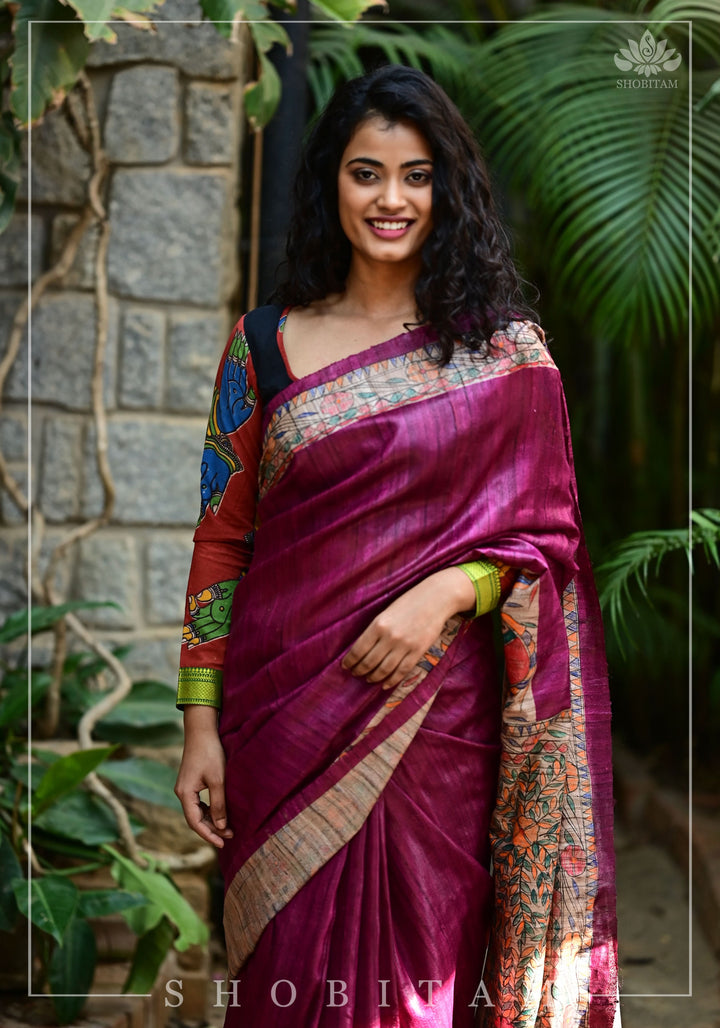Preorder : Plum Madhubani Oure  Tussar Silk Saree | SILK MARK CERTIFIED