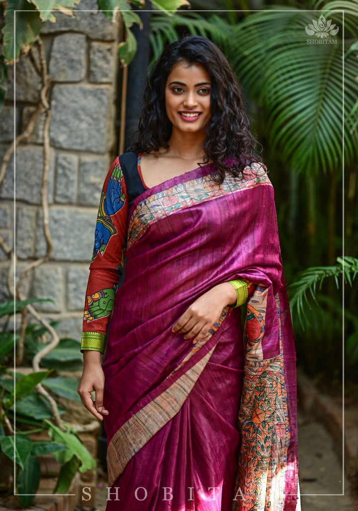 Preorder : Plum Madhubani Oure  Tussar Silk Saree | SILK MARK CERTIFIED
