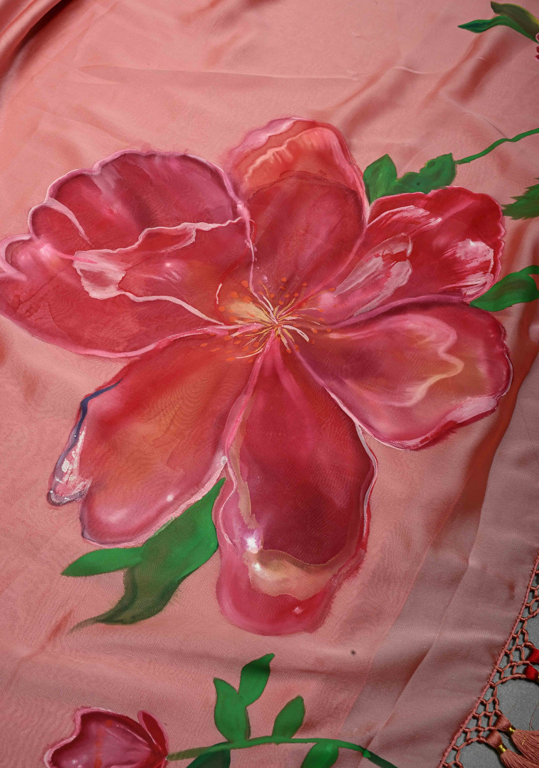 Peach Shimmer Georgette Saree with Floral Blooming  Handpainted on Pallu, No Blouse Piece | SHOBITAM