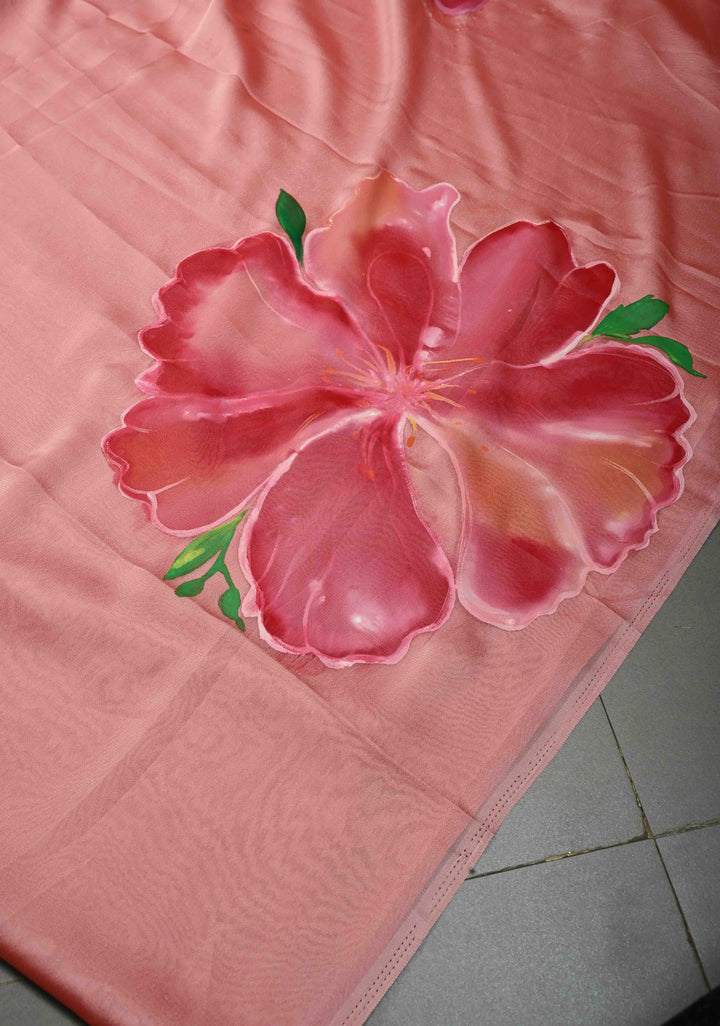 Peach Shimmer Georgette Saree with Floral Blooming  Handpainted on Pallu, No Blouse Piece | SHOBITAM