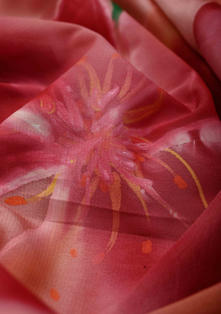 Peach Shimmer Georgette Saree with Floral Blooming  Handpainted on Pallu, No Blouse Piece | SHOBITAM