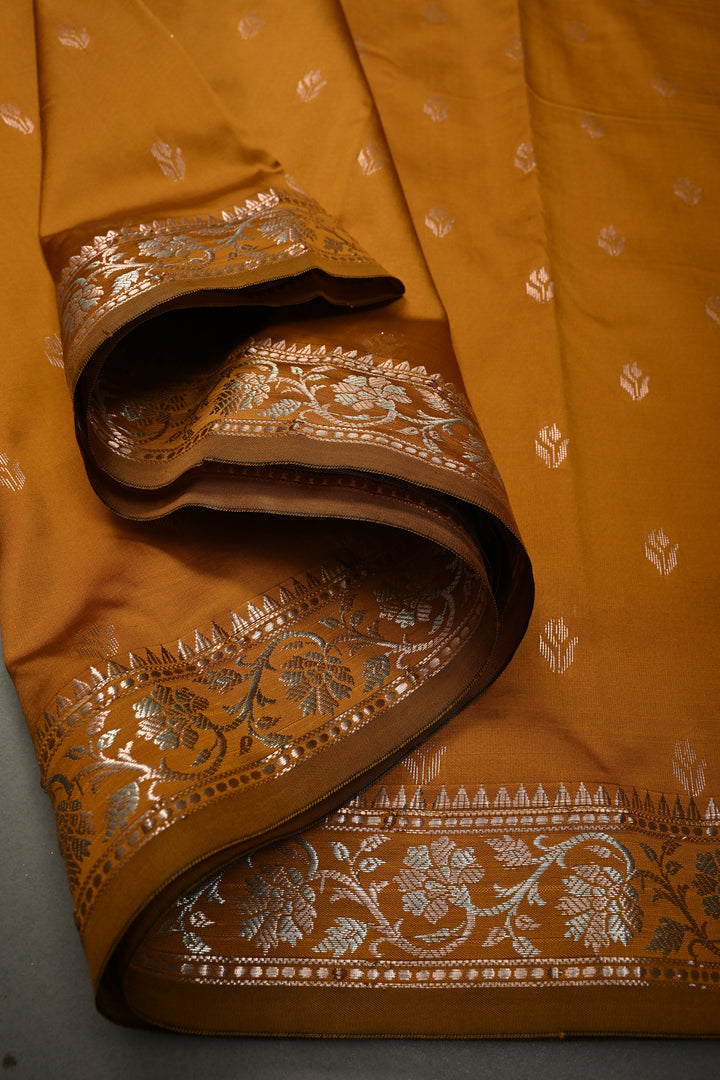 Methi Yellow Semi Silk Saree with Zari Buttas and Alfi Zari Border | SHOBITAM