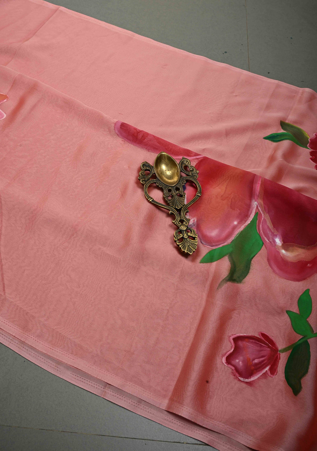 Peach Shimmer Georgette Saree with Floral Blooming  Handpainted on Pallu, No Blouse Piece | SHOBITAM