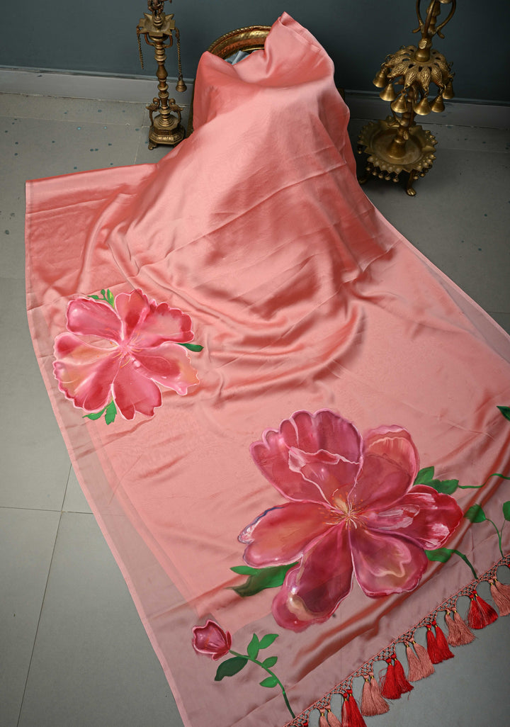 Peach Shimmer Georgette Saree with Floral Blooming  Handpainted on Pallu, No Blouse Piece | SHOBITAM