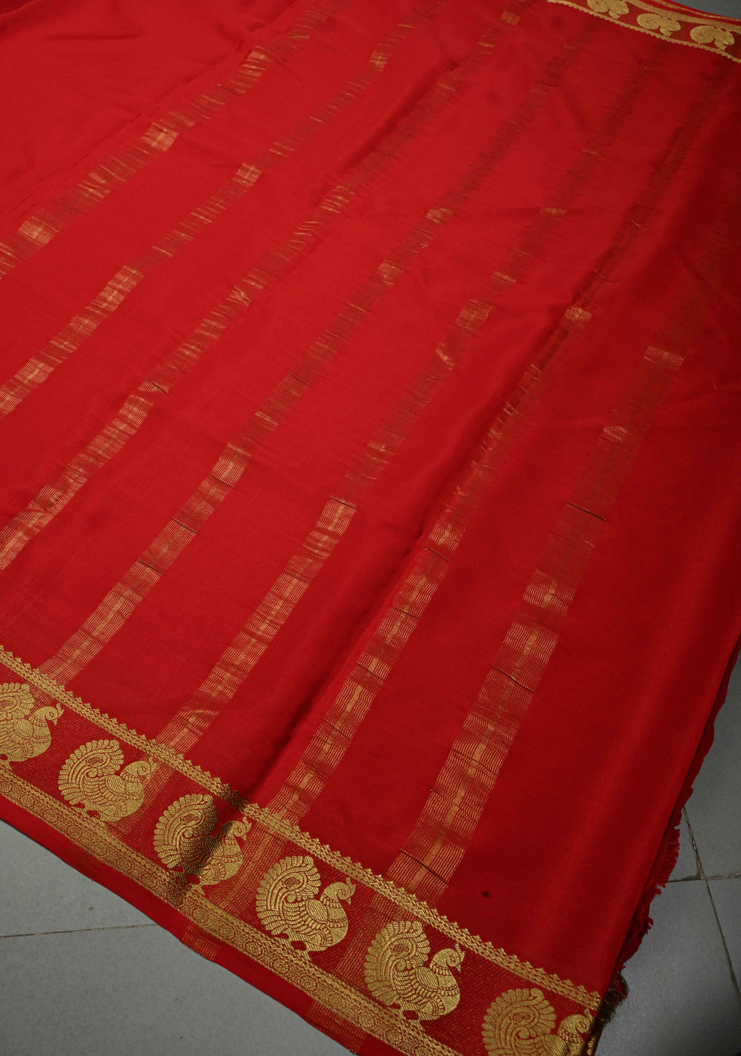 Crimson Red Pure Mysore Silk Saree with Peacock Buttas on Minimal Border  | SILK MARK CERTIFIED | SHOBITAM