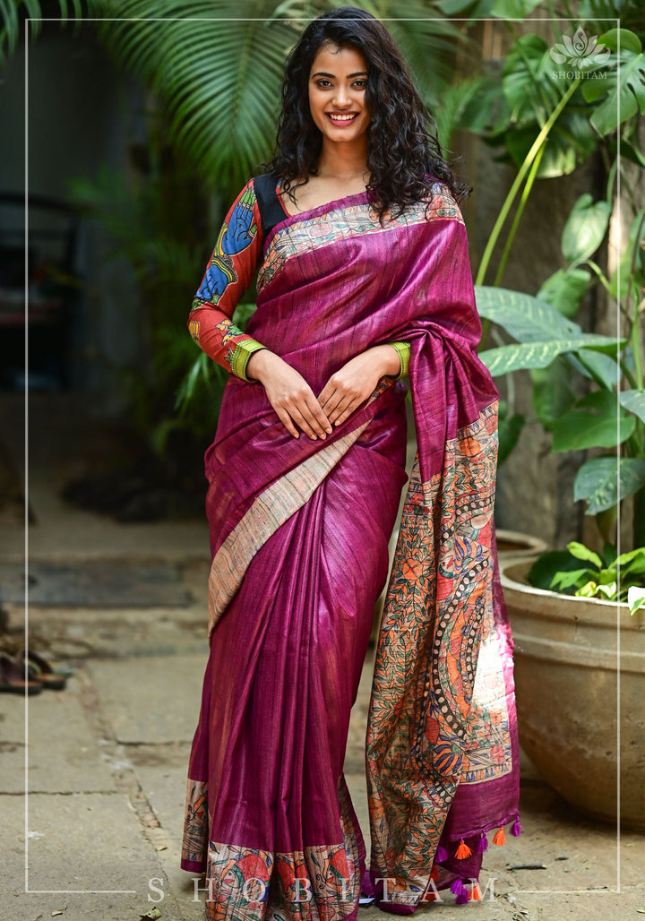 Preorder : Plum Madhubani Oure  Tussar Silk Saree | SILK MARK CERTIFIED