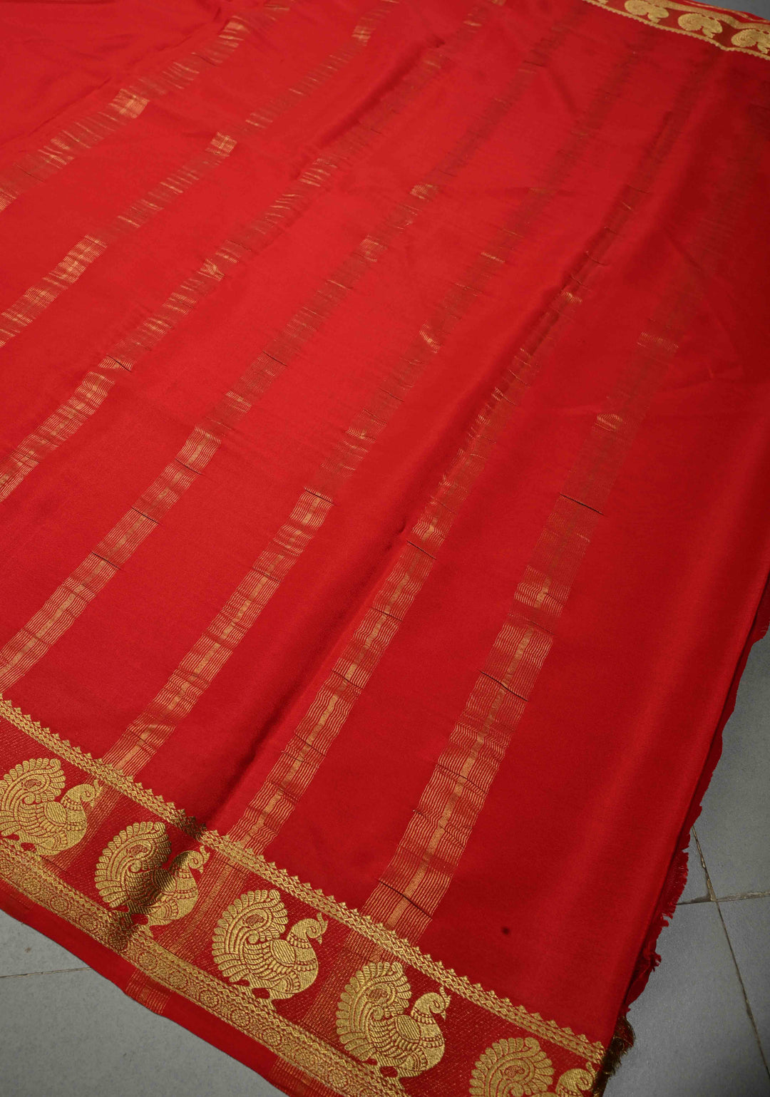 Crimson Red Pure Mysore Silk Saree with Peacock Buttas on Minimal Border  | SILK MARK CERTIFIED | SHOBITAM