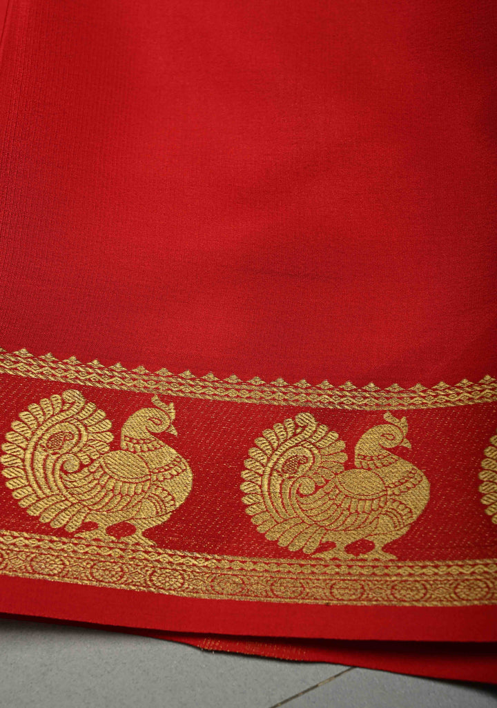 Crimson Red Pure Mysore Silk Saree with Peacock Buttas on Minimal Border  | SILK MARK CERTIFIED | SHOBITAM