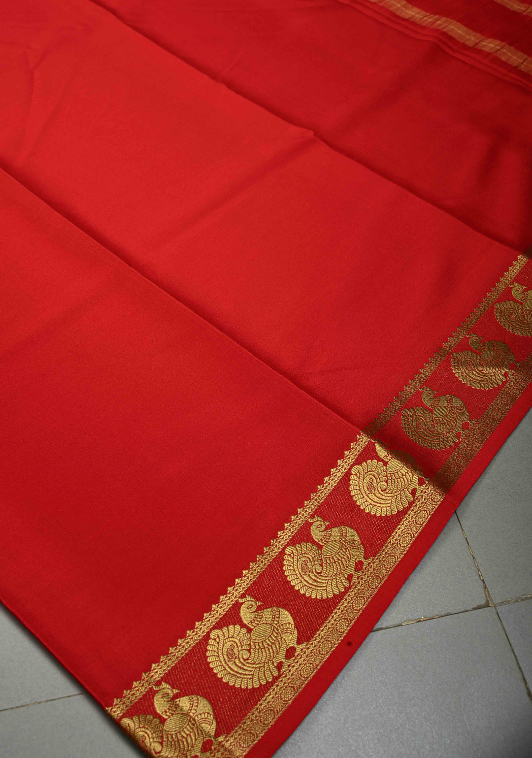 Crimson Red Pure Mysore Silk Saree with Peacock Buttas on Minimal Border  | SILK MARK CERTIFIED | SHOBITAM