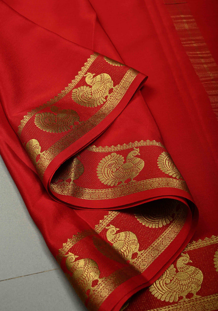 Crimson Red Pure Mysore Silk Saree with Peacock Buttas on Minimal Border  | SILK MARK CERTIFIED | SHOBITAM