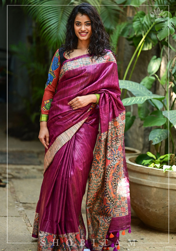 Preorder : Plum Madhubani Oure  Tussar Silk Saree | SILK MARK CERTIFIED