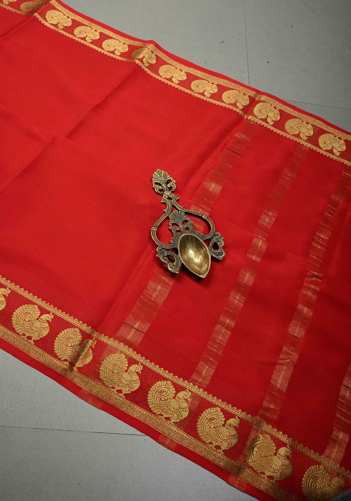 Crimson Red Pure Mysore Silk Saree with Peacock Buttas on Minimal Border  | SILK MARK CERTIFIED | SHOBITAM