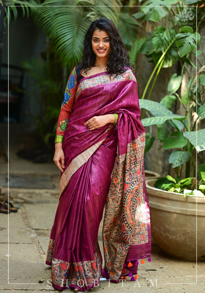 Preorder : Plum Madhubani Oure  Tussar Silk Saree | SILK MARK CERTIFIED