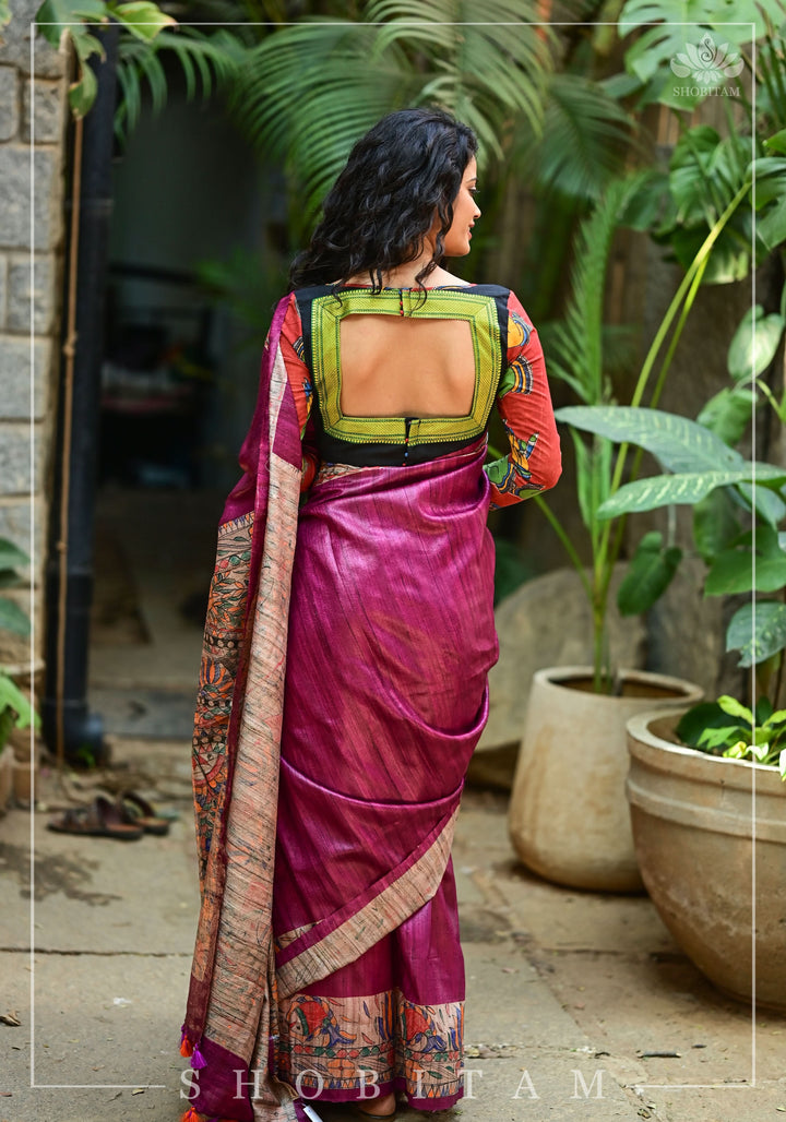 Preorder : Plum Madhubani Oure  Tussar Silk Saree | SILK MARK CERTIFIED