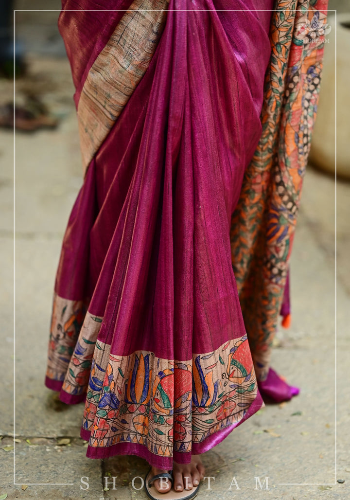 Preorder : Plum Madhubani Oure  Tussar Silk Saree | SILK MARK CERTIFIED