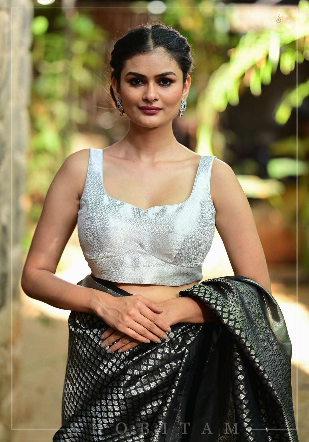 Silver Blouse with Scoopneck, Sleeveless Pattern and Cutdana Latkans
