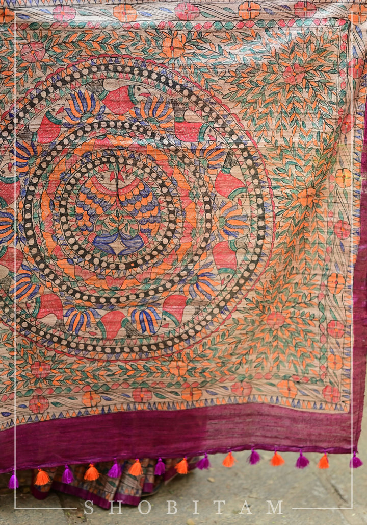 Preorder : Plum Madhubani Oure  Tussar Silk Saree | SILK MARK CERTIFIED