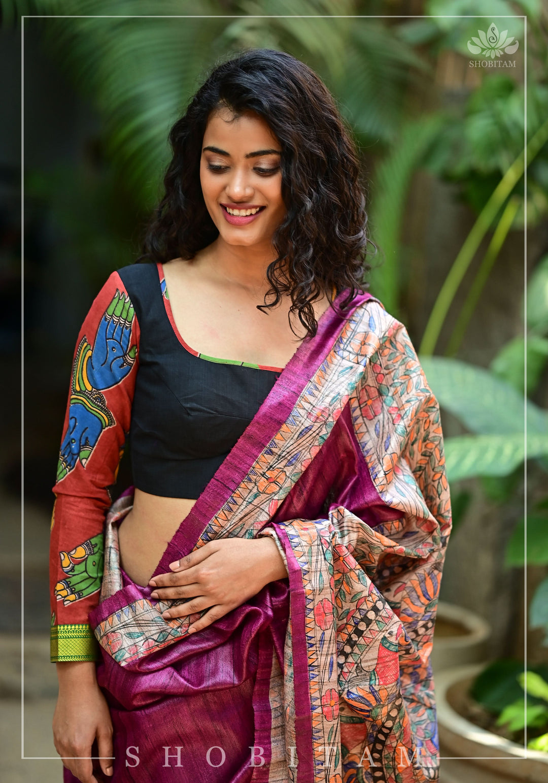 Kalamkari block print and mangalagiri cotton square back cutout, full sleeves blouse