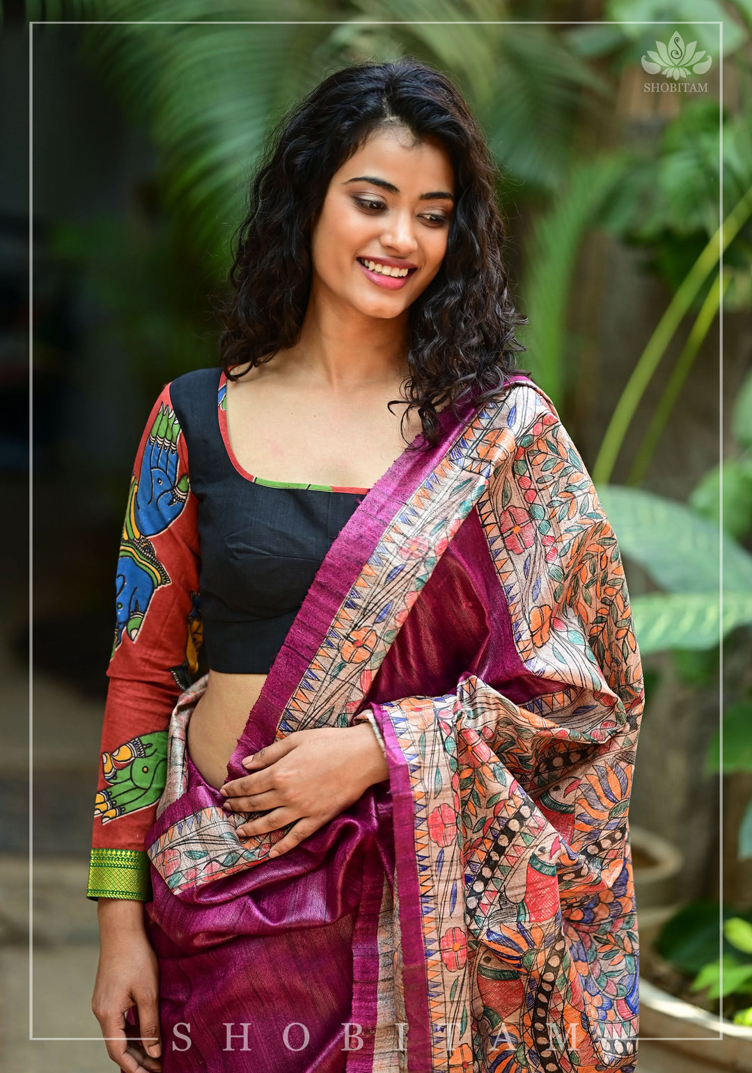 Kalamkari block print and mangalagiri cotton square back cutout, full sleeves blouse