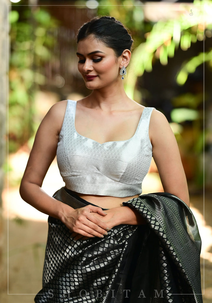 Silver Blouse with Scoopneck, Sleeveless Pattern and Cutdana Latkans