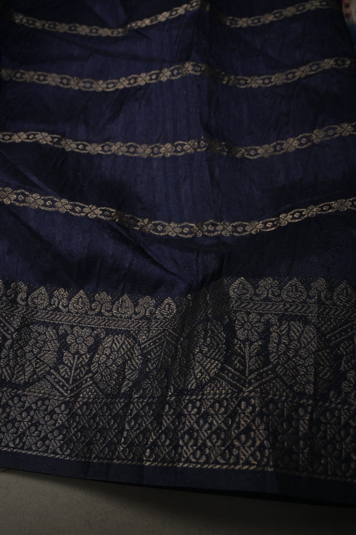 Pastel Multicolor Semi Silk Saree with Digital Print and Contrast Stripes Zari Border | SHOBITAM