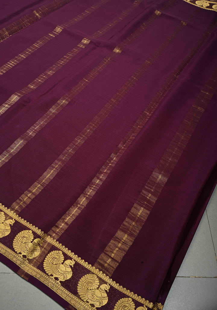 Egg Plant Purple Pure Mysore Silk Saree with Peacock Buttas on Minimal Border  | SILK MARK CERTIFIED | SHOBITAM