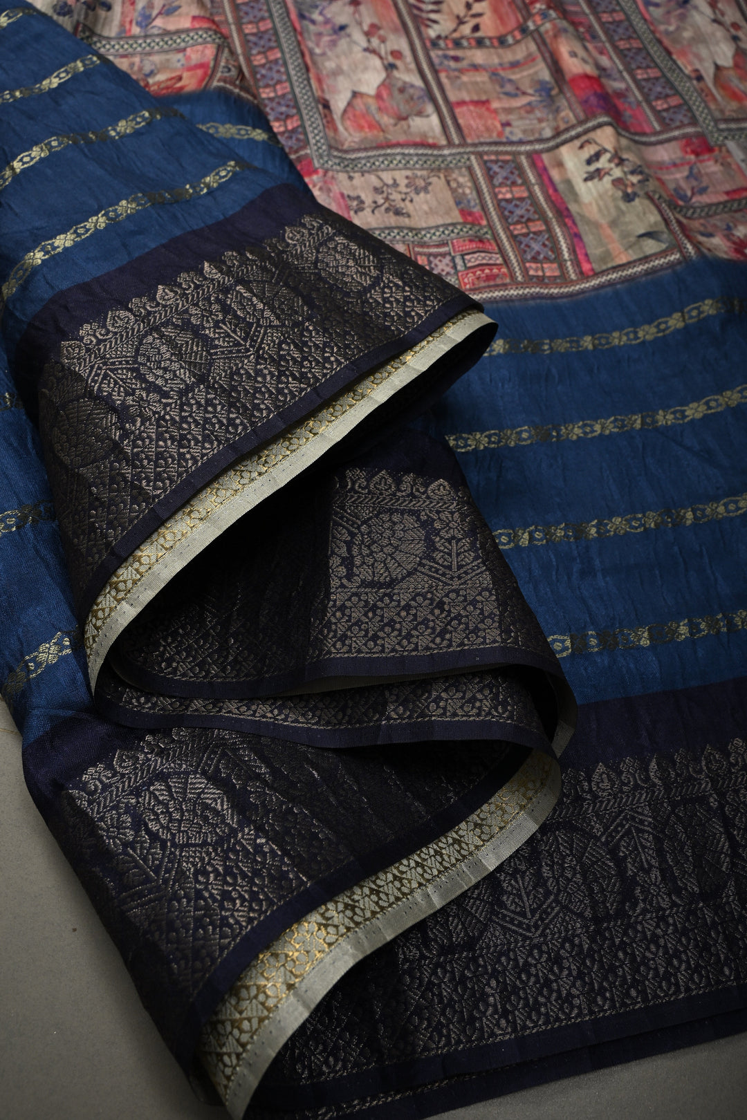 Pastel Multicolor Semi Silk Saree with Digital Print and Contrast Stripes Zari Border | SHOBITAM