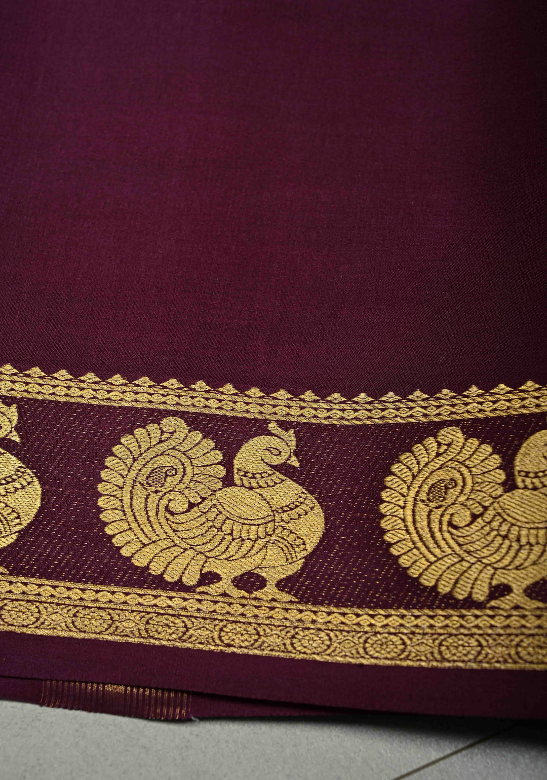 Egg Plant Purple Pure Mysore Silk Saree with Peacock Buttas on Minimal Border  | SILK MARK CERTIFIED | SHOBITAM