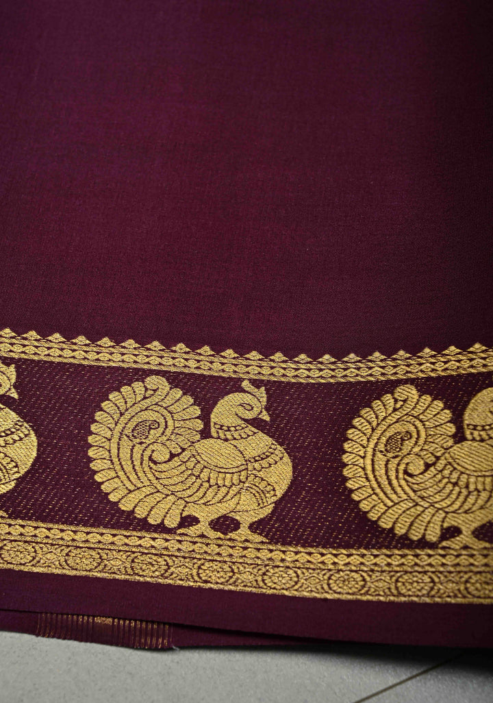 Egg Plant Purple Pure Mysore Silk Saree with Peacock Buttas on Minimal Border  | SILK MARK CERTIFIED | SHOBITAM