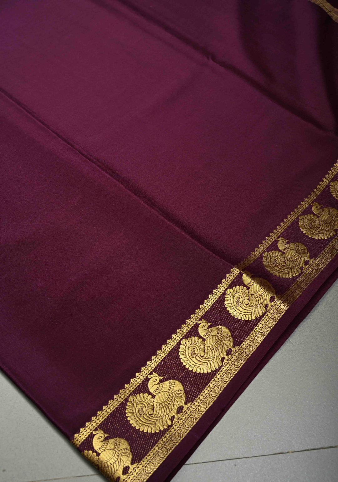 Egg Plant Purple Pure Mysore Silk Saree with Peacock Buttas on Minimal Border  | SILK MARK CERTIFIED | SHOBITAM