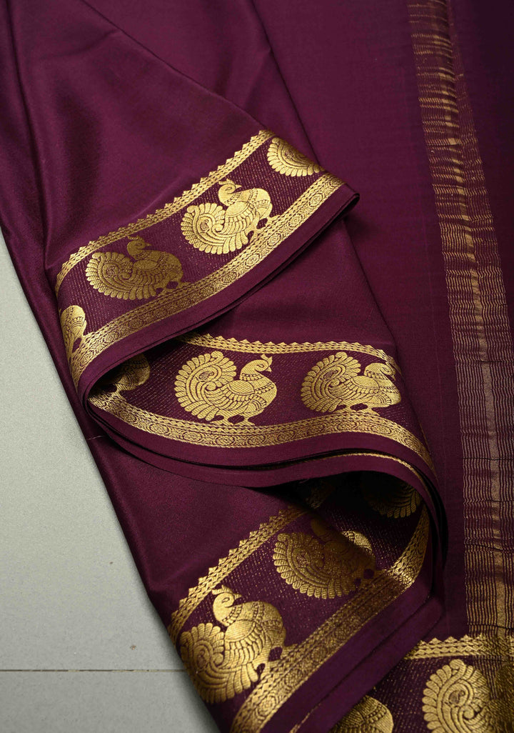 Egg Plant Purple Pure Mysore Silk Saree with Peacock Buttas on Minimal Border  | SILK MARK CERTIFIED | SHOBITAM